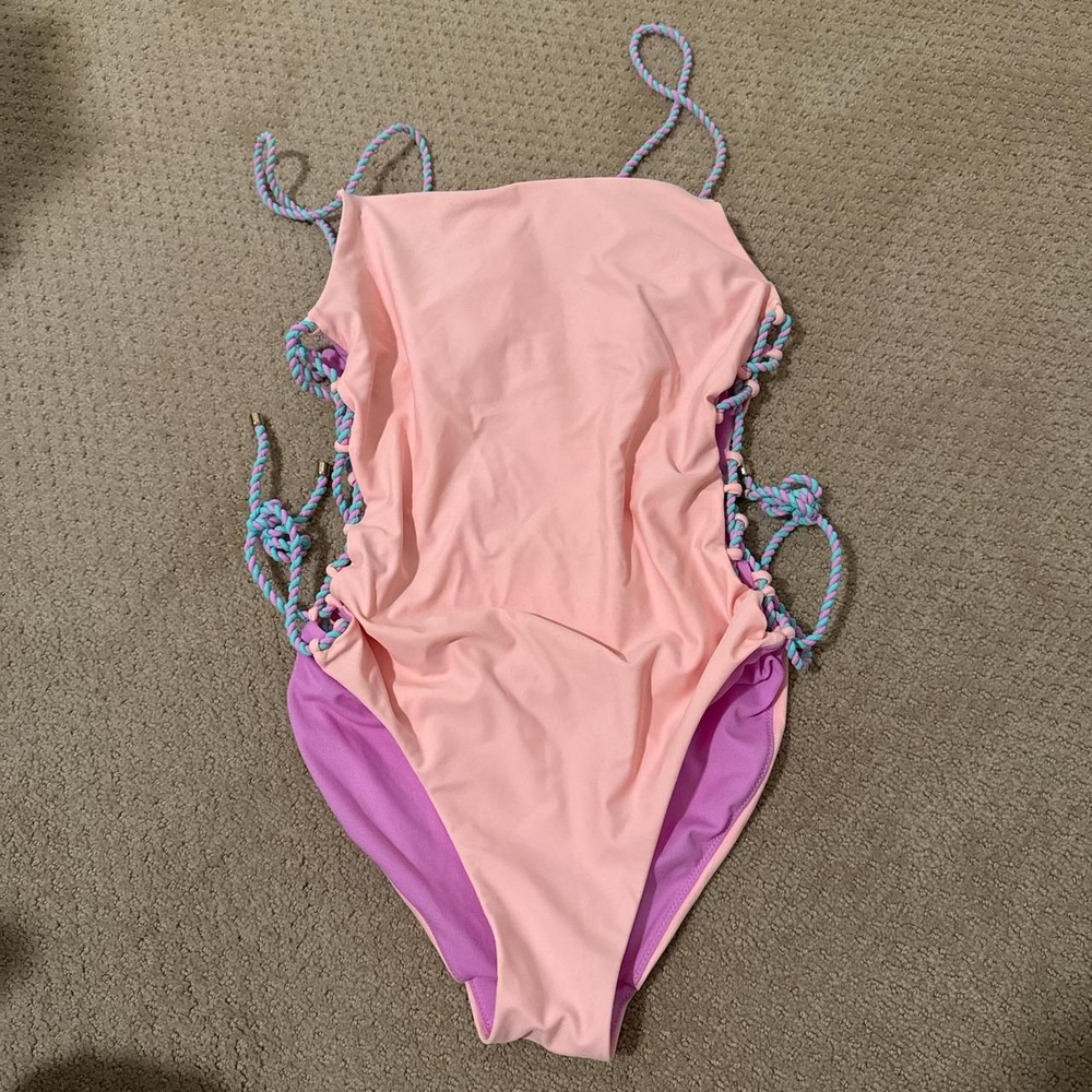 Baby‎ Pink one piece swimsuit with blue and purple rope details